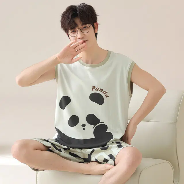 俏韵 卡通熊猫无袖背心五分裤休闲家居服睡衣套装 男款