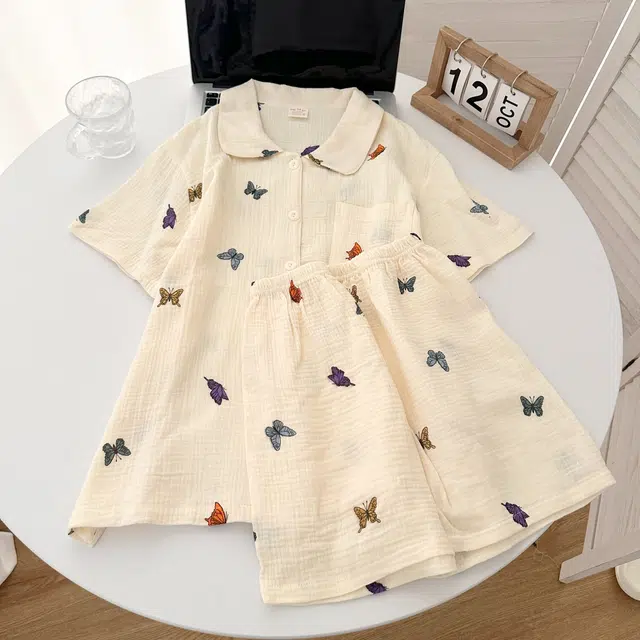 俏韵 翻领夏季甜美可爱蝴蝶短袖短裤夏天休闲舒适薄款家居服可外穿睡衣套装 女款