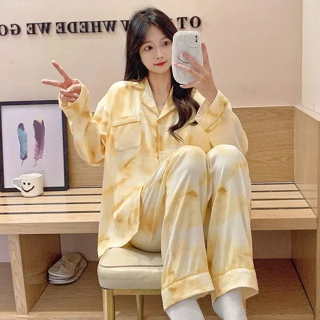 俏韵 翻领秋季薄款云朵棉长袖长裤带胸垫开衫休闲家居服可外穿睡衣套装 女款