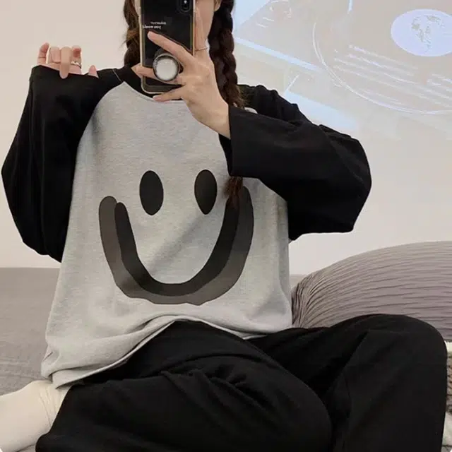 俏韵 圆领春秋季仿棉简约笑脸长袖休闲甜美可爱薄款舒适家居服可外穿 睡衣套装 女款