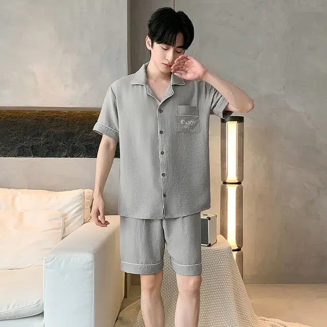 俏韵 韩版翻领短袖休闲简约家居服可外穿睡衣套装 男款