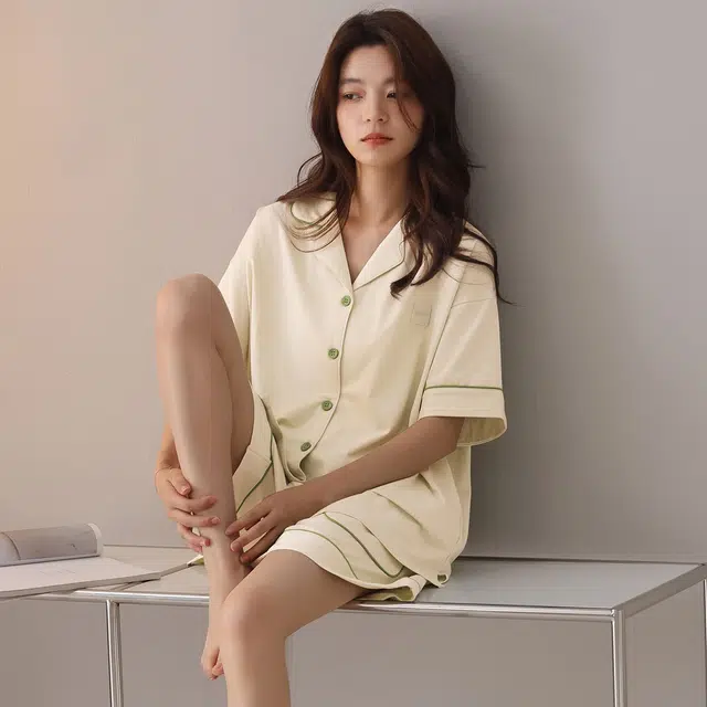 俏韵 翻领夏季纯棉舒适凉感短袖甜美可爱薄款家居服可外穿睡衣套装 女款