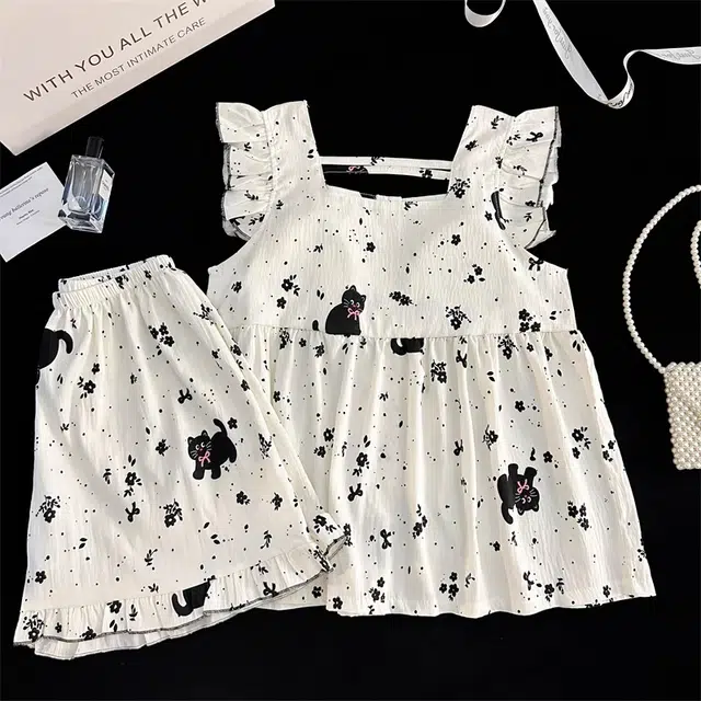 俏韵 卡通小黑猫休闲简约吊带短裤少女家居服睡衣套装 女款