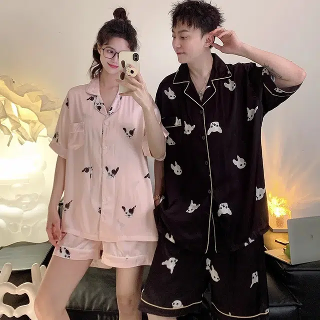 俏韵 翻领卡通休闲风冰丝短袖薄款家居服可外穿夏季睡衣套装 男女同款