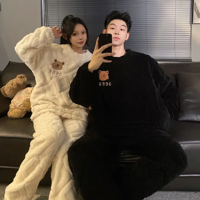 俏韵 简约亲肤舒适加厚卡通可爱小熊套头长袖休闲可外穿长裤睡衣套装 男女同款