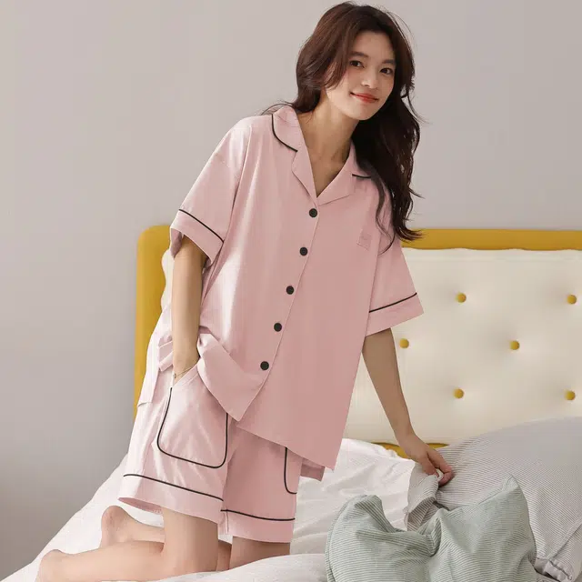 俏韵 翻领夏季纯棉舒适简约短袖甜美可爱薄款家居服可外穿睡衣套装 女款