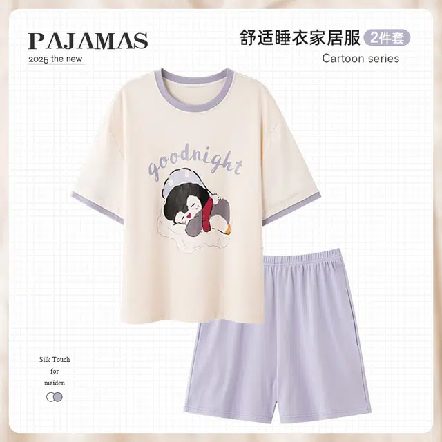 俏韵 圆领卡通企鹅夏季甜美可爱短袖短裤休闲舒适薄款家居服可外穿睡衣套装 女款