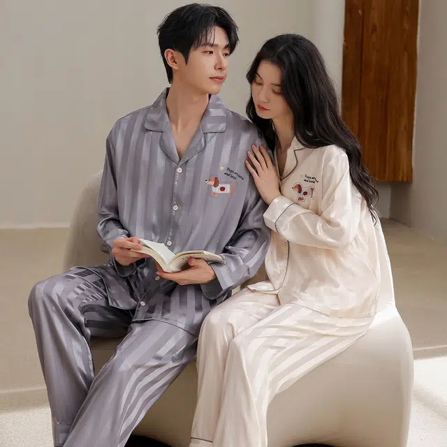 俏韵 翻领卡通春秋季冰丝简约长袖长裤甜美印花可爱舒适家居服可外穿睡衣套装 男女同款