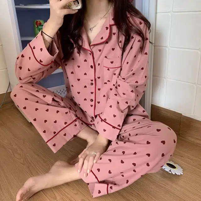 俏韵 翻领春秋季简约爱心甜美可爱长袖长裤开衫休闲舒适薄款家居服可外穿睡衣套装 女款