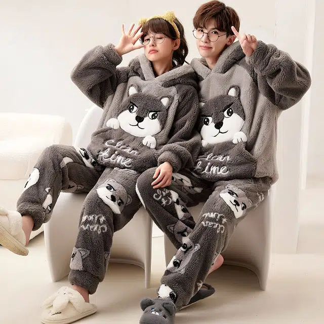 俏韵 连帽卡通冬季加绒保暖长袖长裤甜美印花可爱舒适家居服可外穿睡衣套装 男女同款