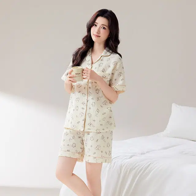 俏韵 翻领夏季纯棉甜美短袖短裤舒适薄款家居服可外穿睡衣套装 女款