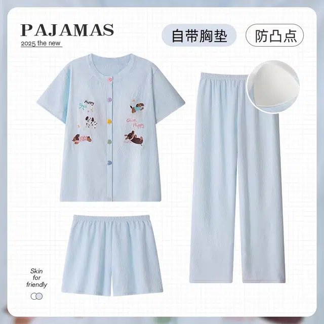 俏韵 圆领带胸垫短袖卡通家居服可外穿睡衣套装 女款