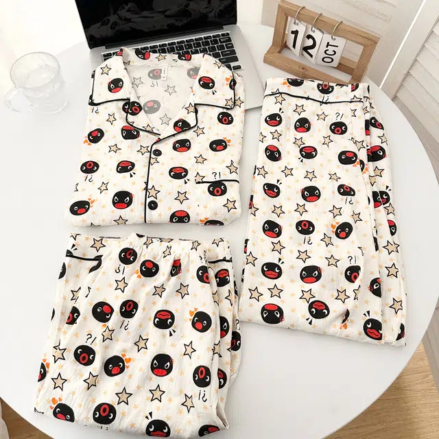 俏韵 翻领卡通夏季云朵棉舒适短袖三件套甜美薄款凉感家居服可外穿睡衣套装 女款