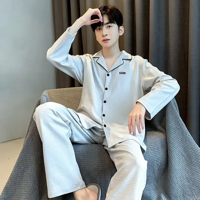 俏韵 翻领秋春季长袖长裤开衫休闲简约薄款家居服可外穿睡衣套装 男款