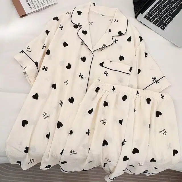 俏韵 翻领夏季云朵棉印花开衫短袖短裤甜美可爱家居服可外穿睡衣套装 女款