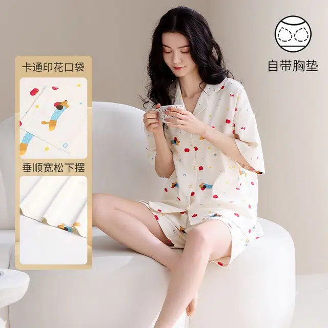 俏韵 翻领卡通夏季纯棉甜美舒适短袖短裤薄款家居服可外穿睡衣套装 女款