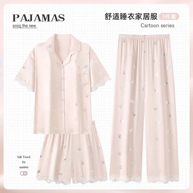 俏韵 翻领柔软蝴蝶可爱短袖三件套薄款家居服可外穿睡衣套装 女款