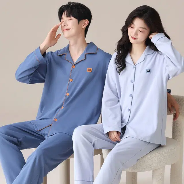 俏韵 翻领春秋季款纯棉简约纯色长袖长裤甜美舒适休闲家居服可外穿睡衣套装 男女同款