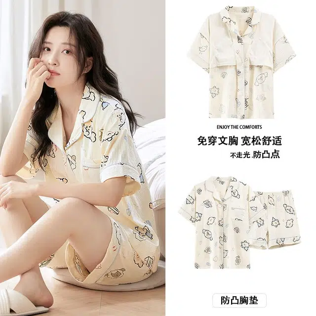 俏韵 卡通翻领甜美短袖三分裤薄款家居服可外穿夏季睡衣套装 女款