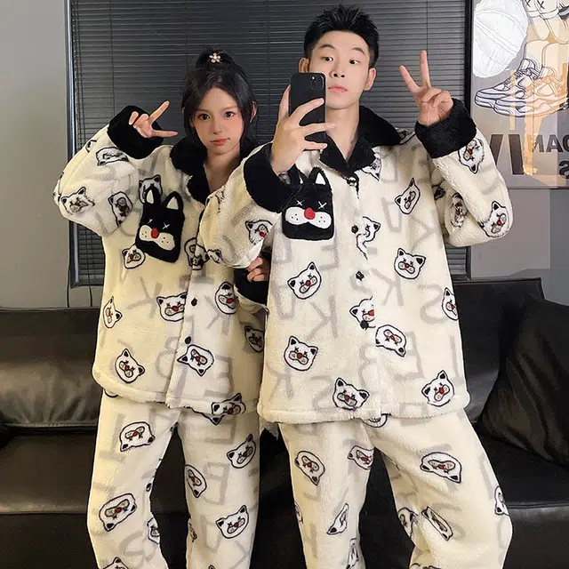 俏韵 翻领卡通冬季加绒保暖长袖长裤甜美印花可爱舒适家居服可外穿睡衣套装 男女同款