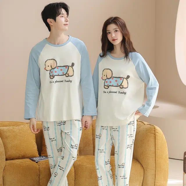 俏韵 圆领卡通春秋季纯棉简约长袖长裤甜美可爱舒适薄款家居服可外穿睡衣套装 男女同款