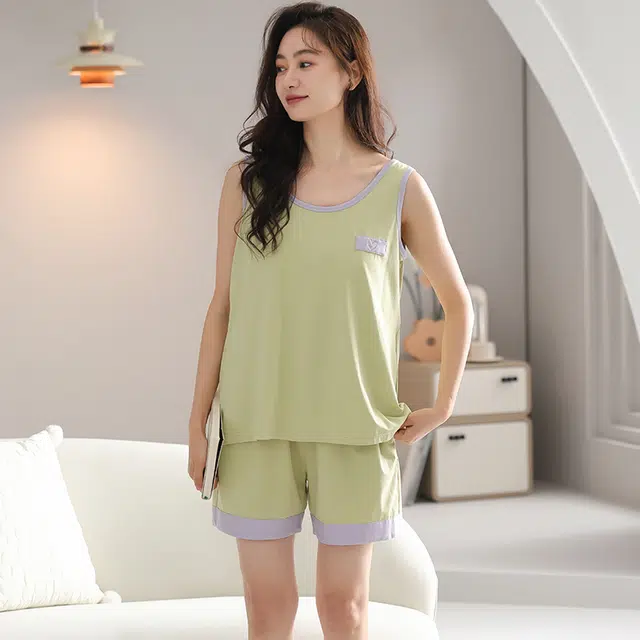 俏韵 圆领带胸垫无袖薄款套头背心三分裤大码宽松家居服可外穿睡衣套装 女款