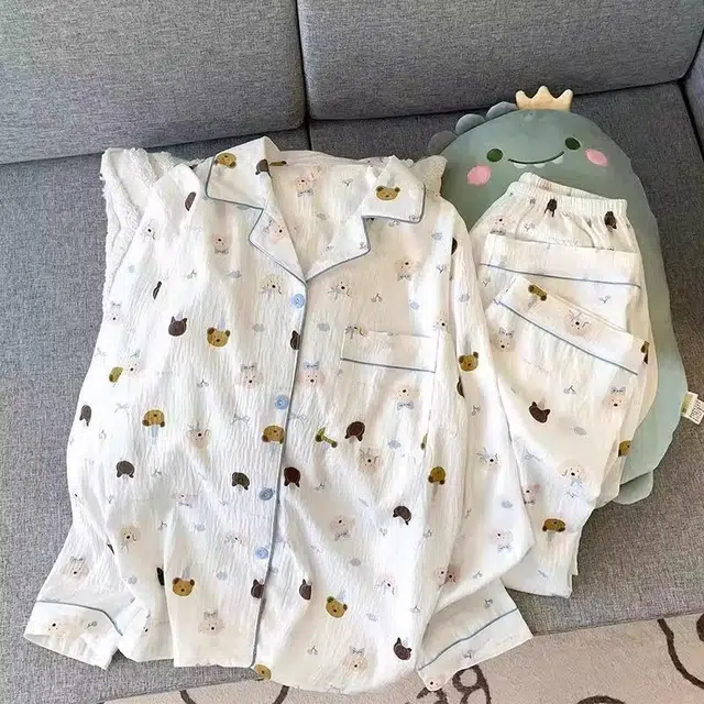 俏韵 翻领卡通小熊春秋季云朵棉长袖长裤甜美印花可爱薄款家居服可外穿睡衣套装 女款