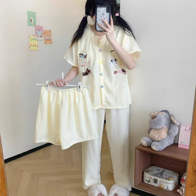 俏韵 圆领浅黄腊肠狗卡通可爱可外穿带胸垫短袖家居服可外穿睡衣套装 女款