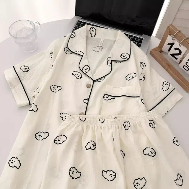 俏韵 翻领卷毛小狗云朵棉短袖薄款卡通家居服可外穿睡衣套装 男女同款