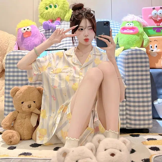 俏韵 翻领薄款条纹短袖上衣可爱家居服可外穿三分裤夏季睡衣套装 女款