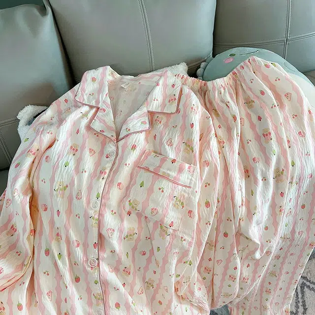 俏韵 翻领卡通条纹春秋季云朵棉甜美可爱长袖长裤开衫休闲舒适薄款家居服可外穿睡衣套装 女款