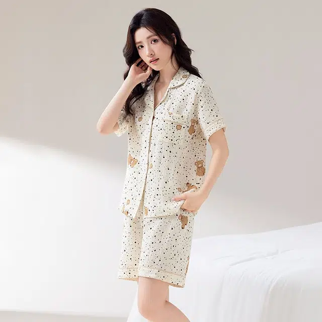 俏韵 翻领卡通夏季纯棉甜美可爱短袖舒适薄款家居服可外穿睡衣套装 女款