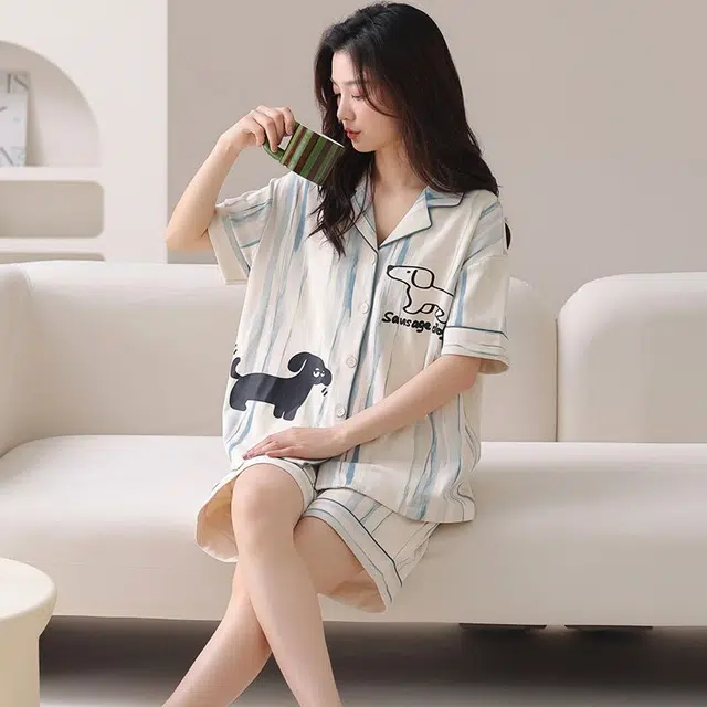 俏韵 翻领小狗休闲纯棉短袖薄款家居服可外穿睡衣套装 男女同款