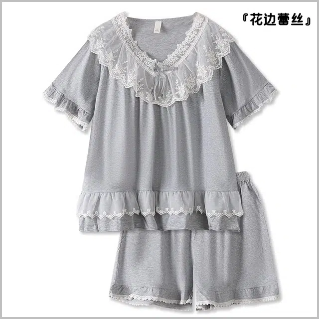 俏韵 韩系可爱蕾丝花边短袖三分裤带胸垫家居服睡衣套装 女款