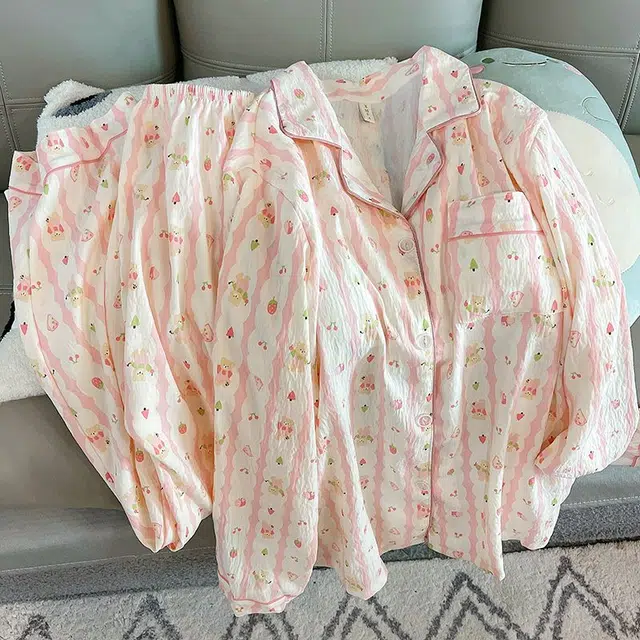 俏韵 翻领卡通条纹春秋季云朵棉甜美可爱长袖长裤开衫休闲舒适薄款家居服可外穿睡衣套装 女款