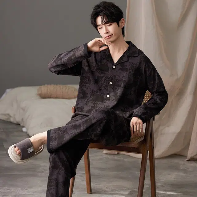俏韵 翻领春秋季开衫印花长袖休闲简约宽松舒适薄款家居服可外穿睡衣套装 男款