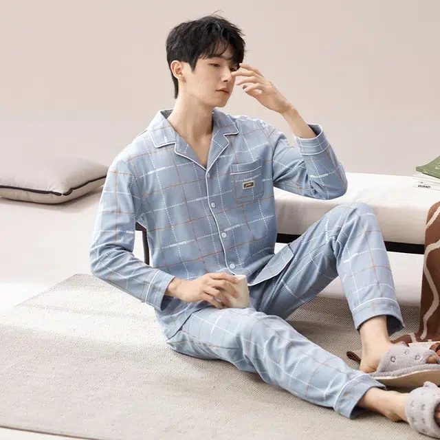 俏韵 翻领春秋季简约开衫印花长袖长裤休闲薄款家居服可外穿睡衣套装 男款