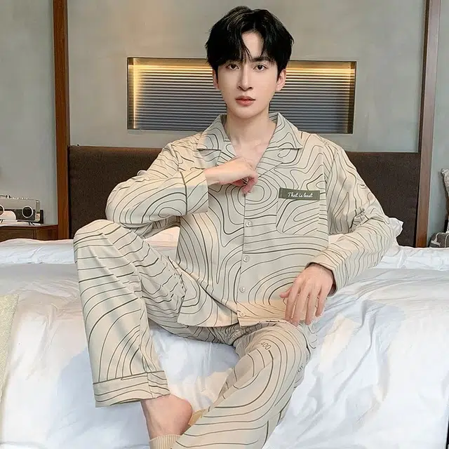 俏韵 翻领春秋季简约风印花长袖长裤休闲开衫薄款家居服可外穿睡衣套装 男款