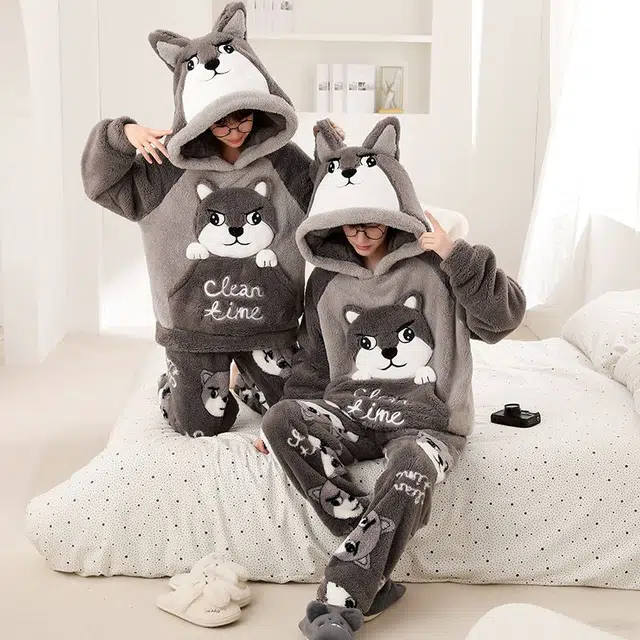 俏韵 连帽卡通冬季加绒保暖长袖长裤甜美印花可爱舒适家居服可外穿睡衣套装 男女同款
