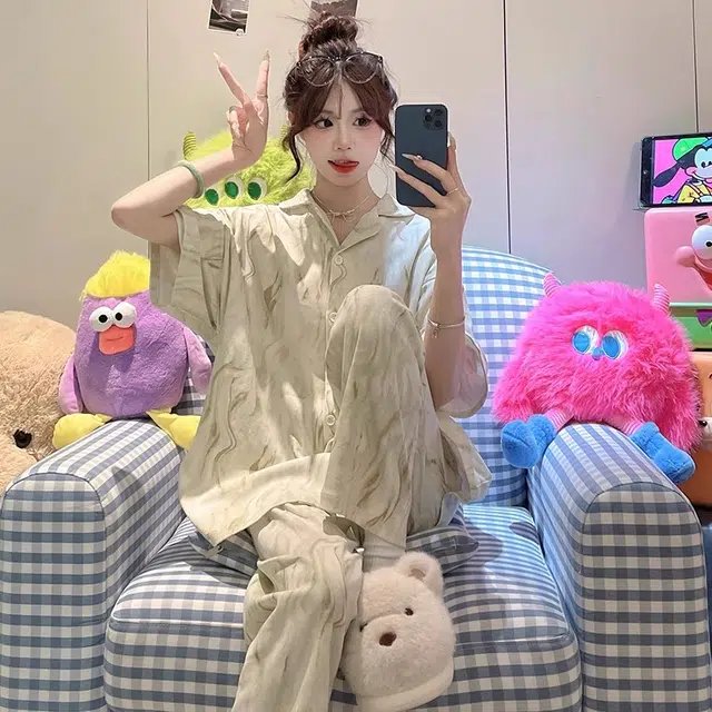 俏韵 翻领短袖上衣三件套简约休闲高级感薄款家居服可外穿长裤夏季睡衣套装 女款