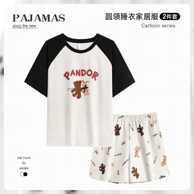 俏韵 圆领卡通短袖可爱短裤套头带胸垫家居服可外穿睡衣套装 女款