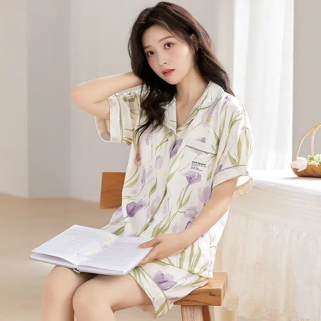 俏韵 翻领舒适甜美短袖三分裤薄款家居服可外穿夏季睡衣套装 女款