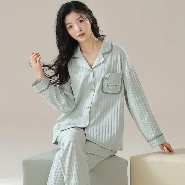 俏韵 翻领春秋季简约长袖开衫甜美可爱休闲舒适薄款家居服可外穿睡衣套装 女款