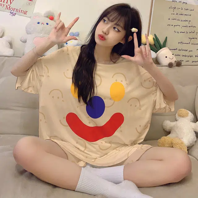 俏韵 可外穿卡通笑脸带胸垫短袖家居服短裤睡衣套装 女款