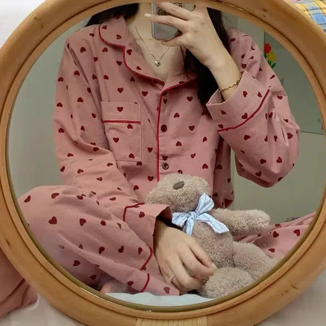 俏韵 翻领春秋季简约爱心甜美可爱长袖长裤开衫休闲舒适薄款家居服可外穿睡衣套装 女款