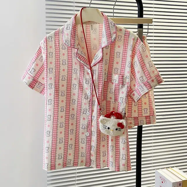 俏韵 翻领夏季卡通条纹云朵棉舒适短袖短裤甜美薄款家居服可外穿睡衣套装 女款