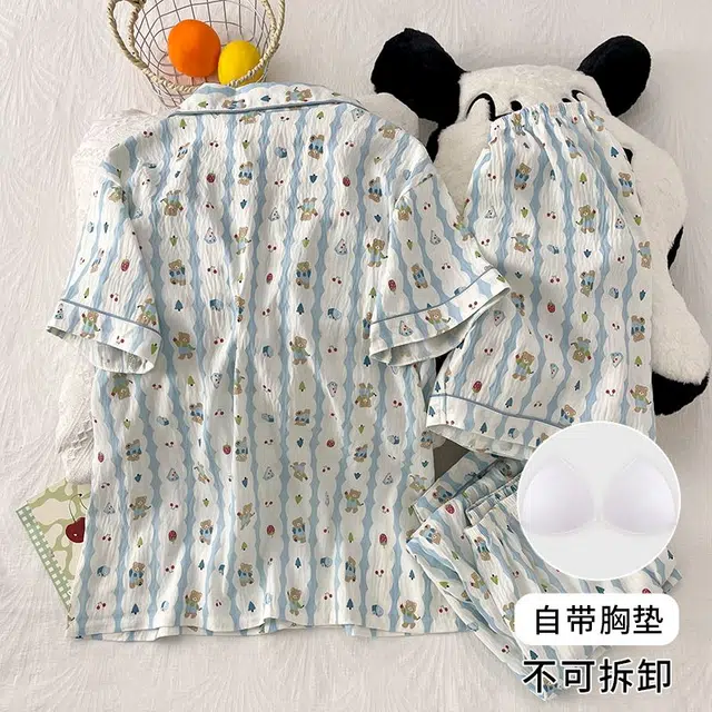 俏韵 翻领卡通夏季款云朵棉带胸垫甜美短袖三件套休闲舒适薄款家居服可外穿睡衣套装 女款