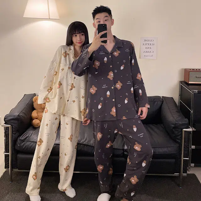 俏韵 翻领卡通春秋季简约印花长袖长裤甜美可爱舒适家居服可外穿睡衣套装 男女同款