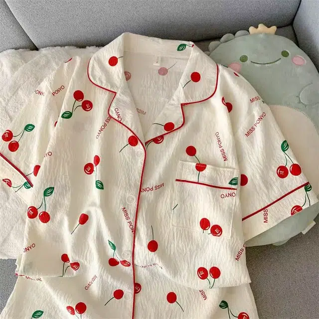 俏韵 翻领夏季云朵棉开衫短袖短裤甜美可爱家居服可外穿睡衣套装 女款