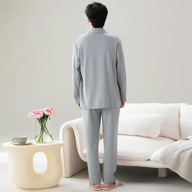 俏韵 翻领春秋季长袖长裤开衫休闲纯色简约风薄款舒适家居服可外穿睡衣套装 男款